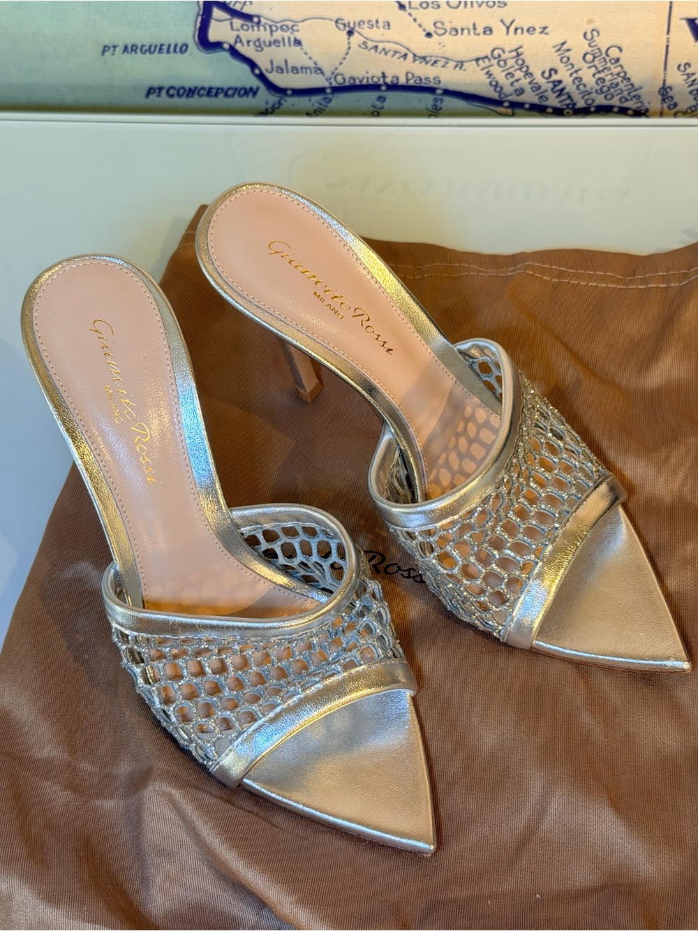 GIANVITO ROSSI  Metallic Gold Mesh Pointed-Toe Heeled Mules - Silver - SZ 5